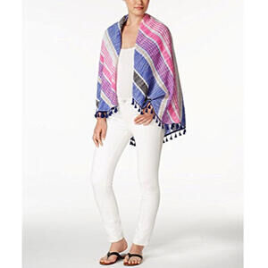 NWT Collection XIIX Blue Pink Stripe Cotton Circle Wrap Scarf & Cover‑Up in One